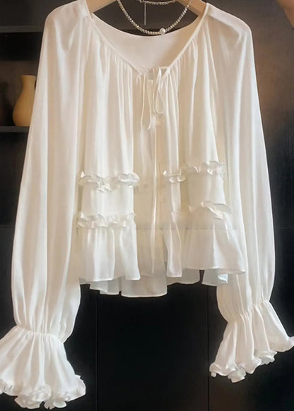 White Lace Up Ruffled Cotton Shirt Top Flare Sleeve