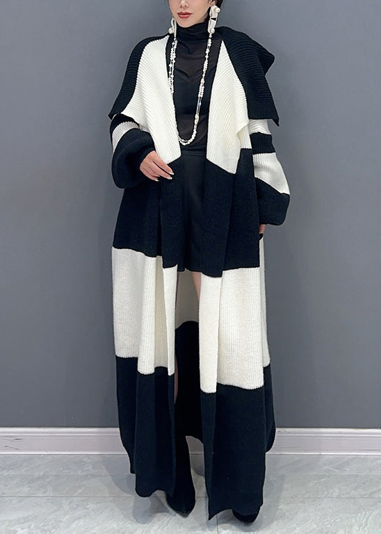 Loose White Tie Waist Pockets Patchwork Cotton Knit Long Trench Coat Spring