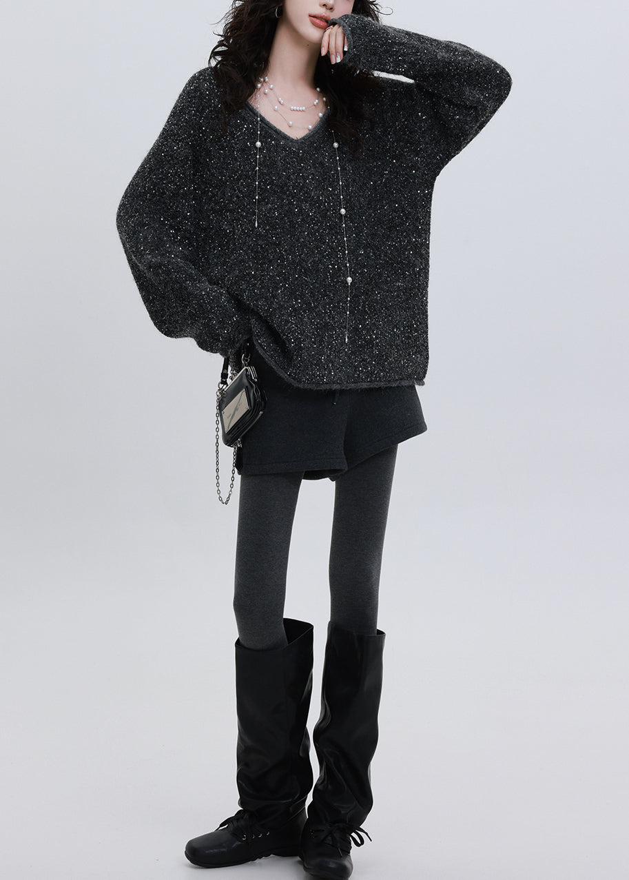Charcoal Grey Sequins Oversized Knit Sweater Tops Winter