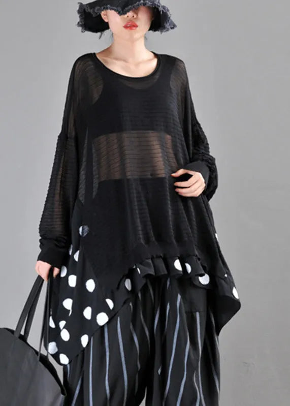 Loose Black O-neck Dot Print Patchwork Knit Cotton Top Long Sleeve