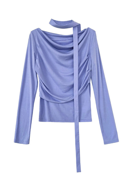 French Purple Wrinkled Slim Fit Cotton Top Long Sleeve