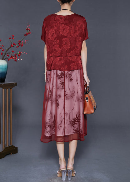 Red Tasseled Patchwork Jacquard Silk Dress Summer