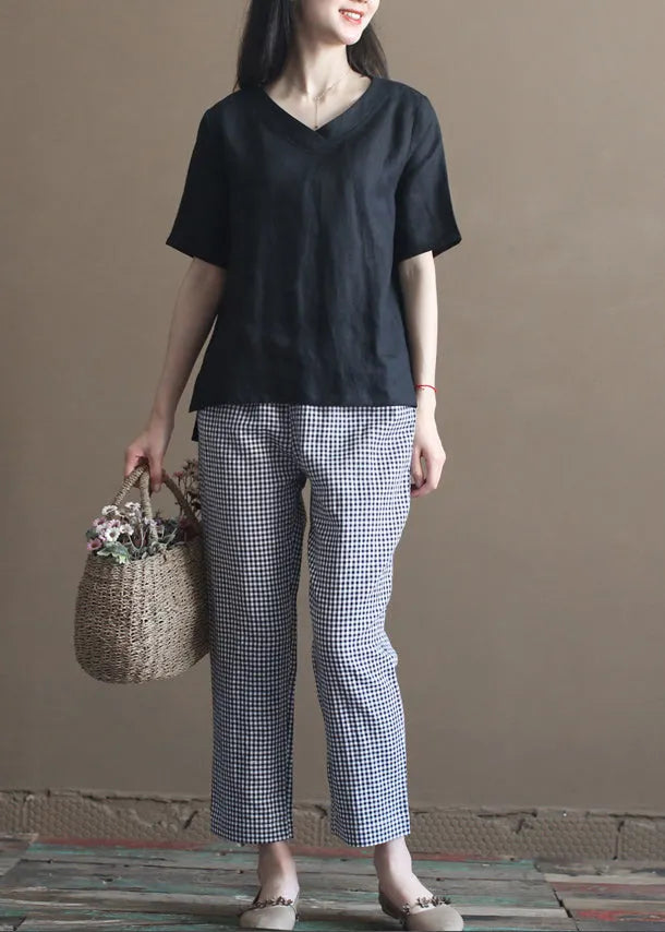 French Black V Neck Side Open Linen Tank Tops Half Sleeve