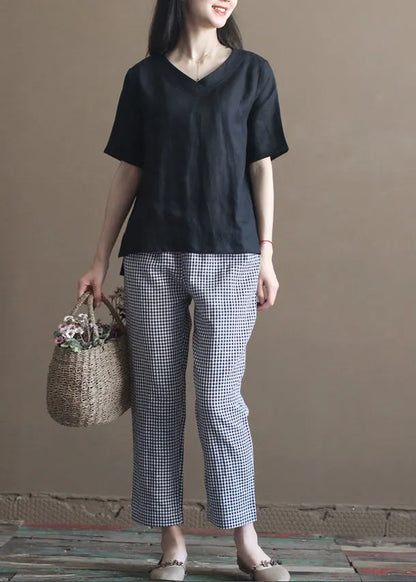 French Black V Neck Side Open Linen Tank Tops Half Sleeve