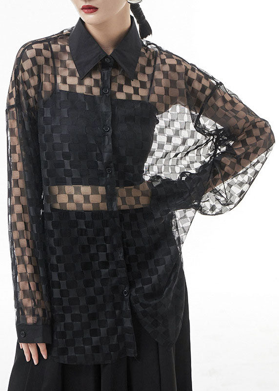 Loose Black Hollow Out Peter Pan Collar Plaid Patchwork Lace Shirts Spring