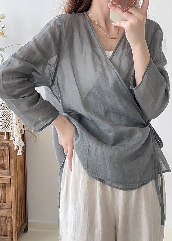 Grey Oversized Lace Up Linen Shirts Fall