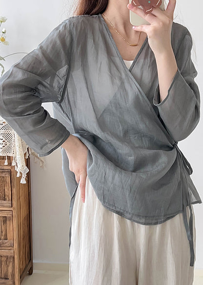Grey Oversized Lace Up Linen Shirts Fall