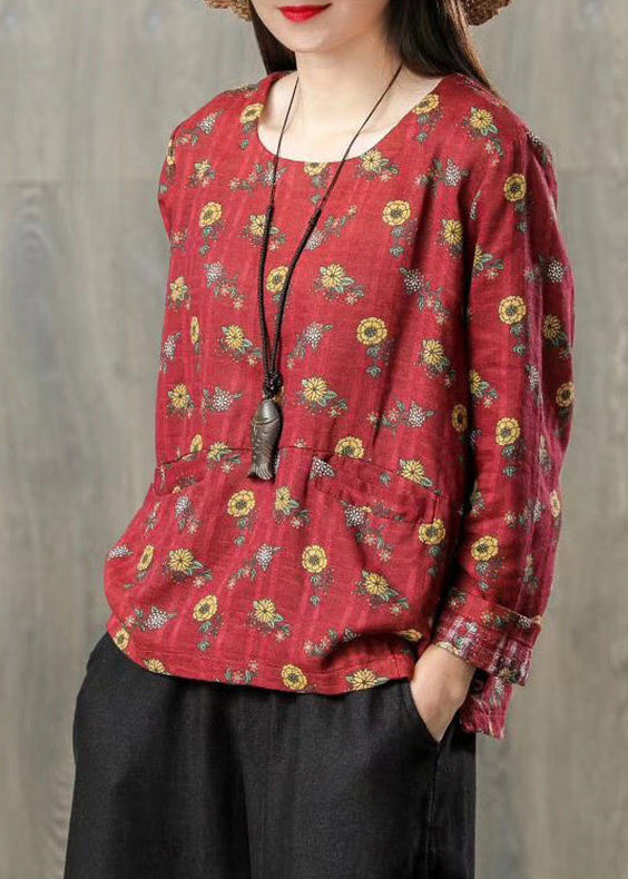Red Print O Neck Patchwork Cotton T Shirt Top Fall