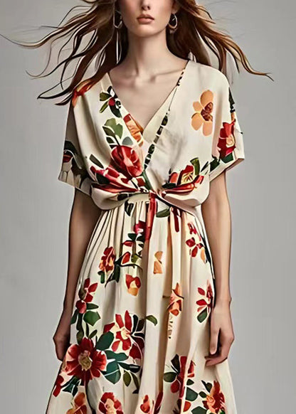 Beige V Neck Print Cotton Long Dress Summer