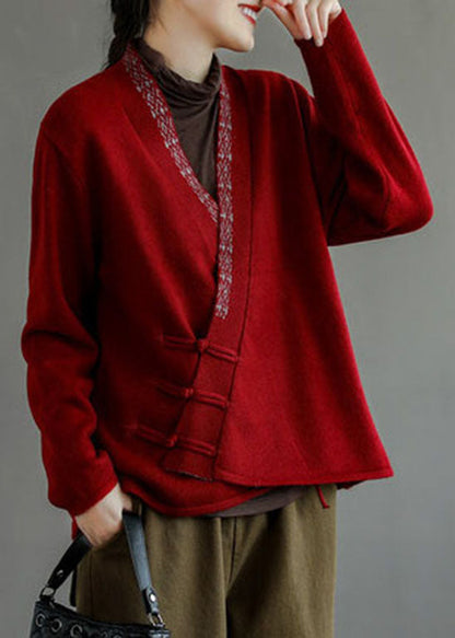 Blue Button V Neck Embroideried Woolen Coats Long Sleeve