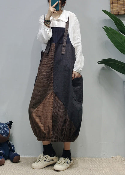 Style Colorblock Pockets Patchwork Plaid Cotton Strap Dress Summer