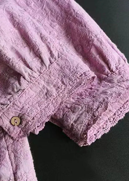 Purple Wrinkled Embroideried Linen Shirts Bracelet Sleeve