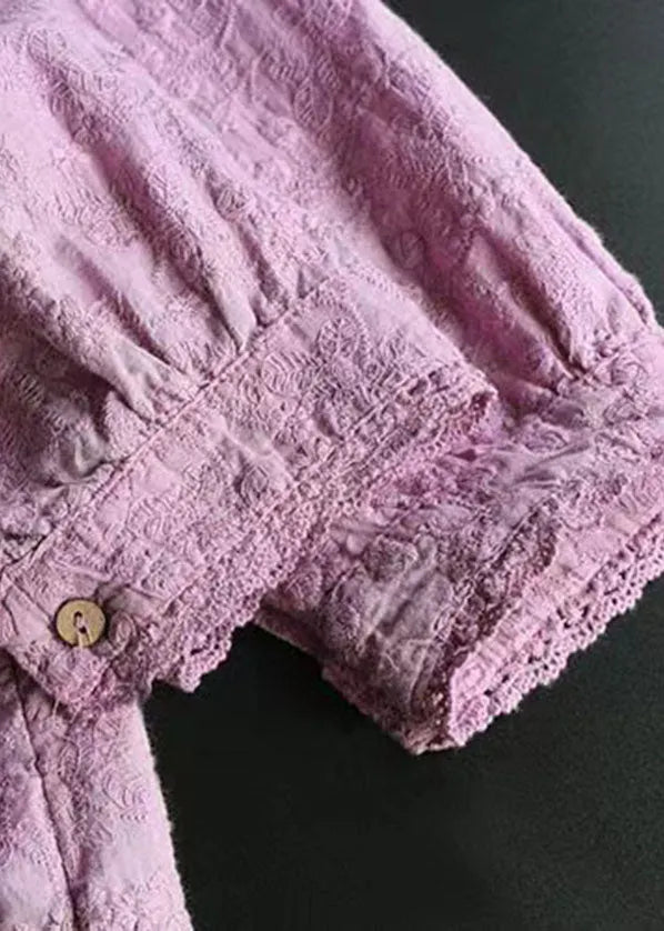 Purple Wrinkled Embroideried Linen Shirts Bracelet Sleeve