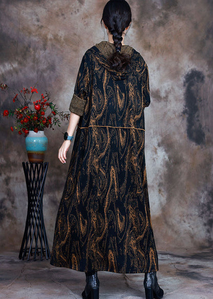 Chocolate Hooded Print Woolen Party Dress Spring