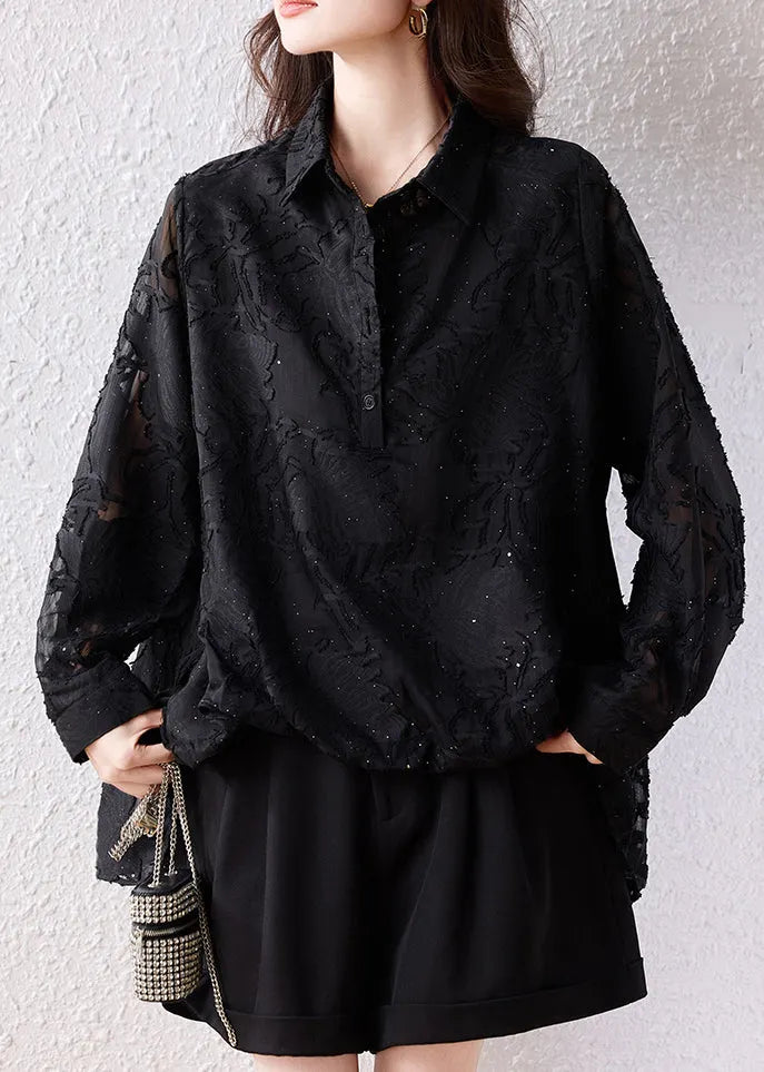 Modern Black Oversized Jacquard Chiffon Shirt Tops Fall