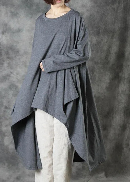 Style Grey Low High Design Button Fall Long Sleeve Shirt Tops