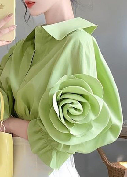 Green Peter Pan Collar Button Cotton Blouses Half Sleeve Fall
