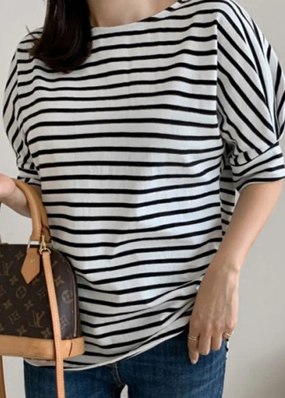 Diy Grey Striped O Neck Cotton T Shirt Tops Puff Sleeve