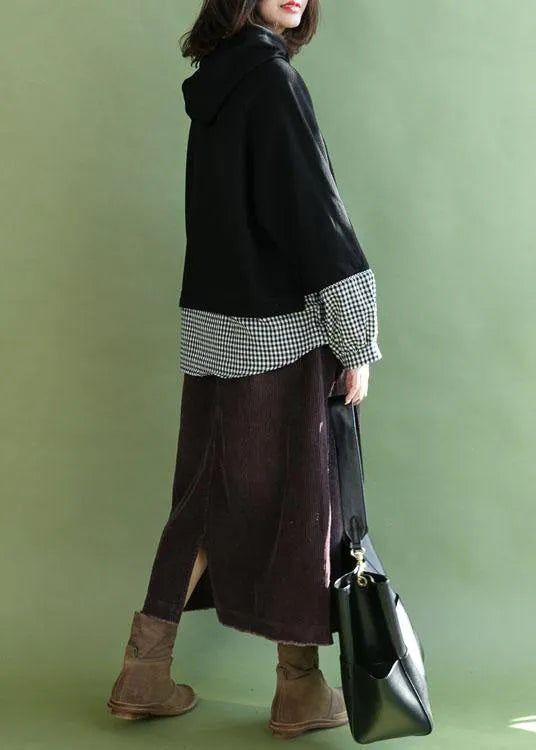 Stylish Black Patchwork Plaid Pockets Fall Loose Pullover Street Wear