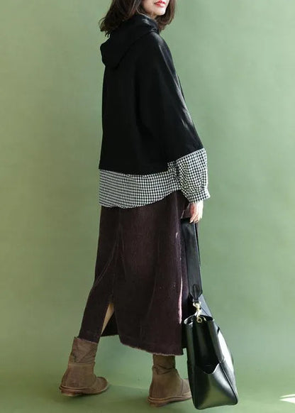 Stylish Black Patchwork Plaid Pockets Fall Loose Pullover Street Wear