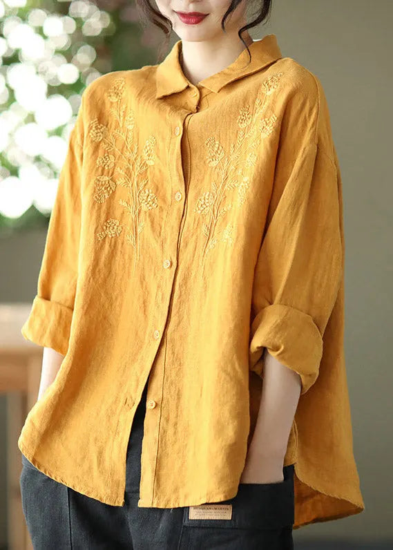 Loose Yellow Peter Pan Collar Embroideried Linen Shirts Long Sleeve