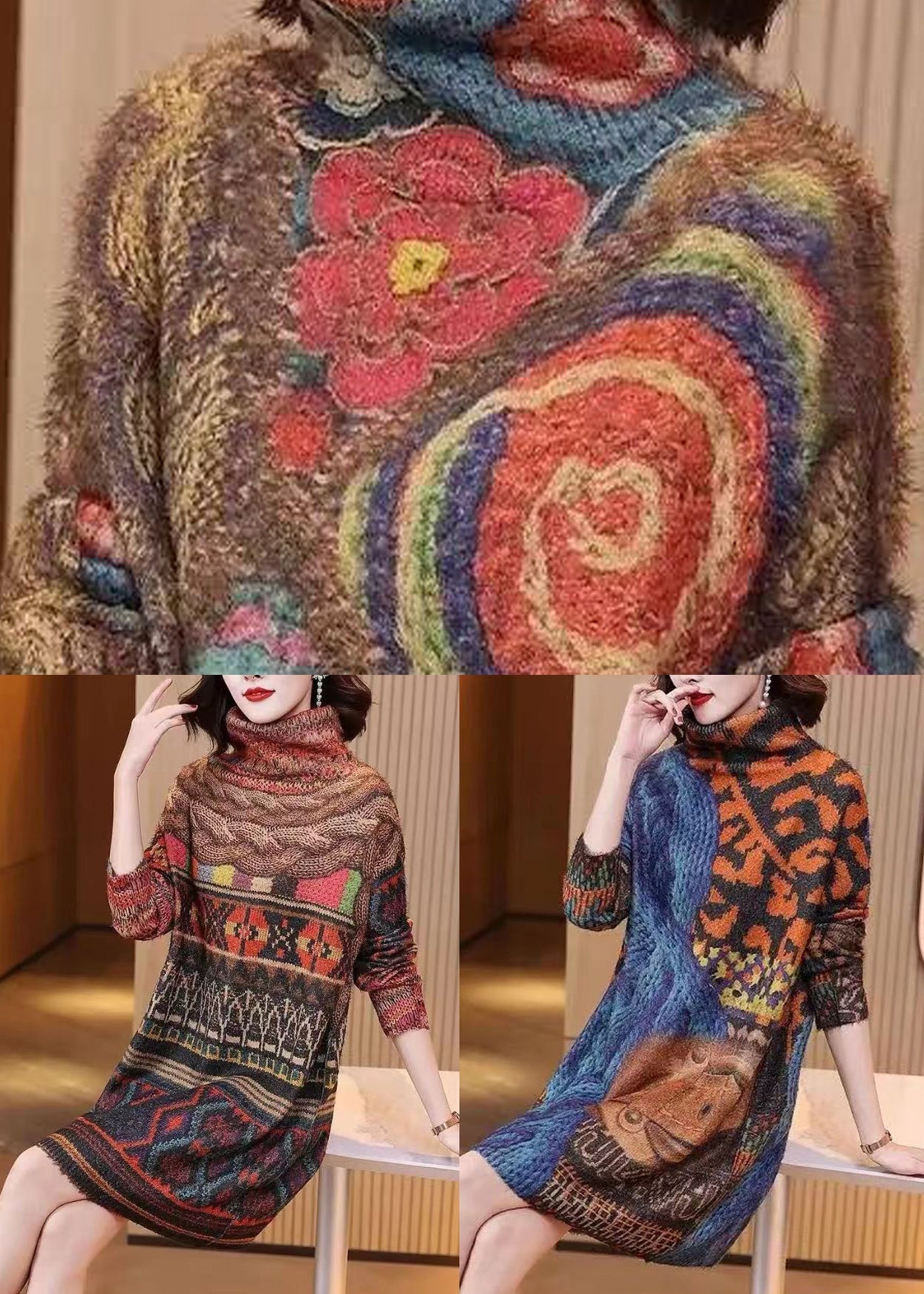 Colorblock Turtleneck Print Mink Hair Knitted Dress Fall