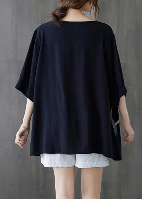Black O-neck Wrinkled Cotton Tank Tops Half Sleeve