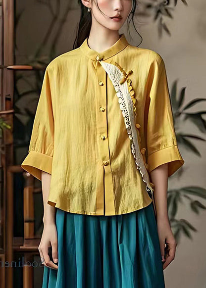 Stylish Yellow Stand Collar Patchwork Linen Tops Summer