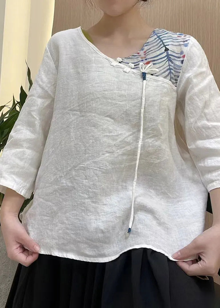 Orange V Neck Asymmetrical Design Print Linen Top Three Quarter Sleeve