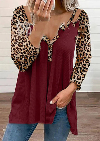 Black V Neck Asymmetrical Design Patchwork Leopard Print Top Long Sleeve