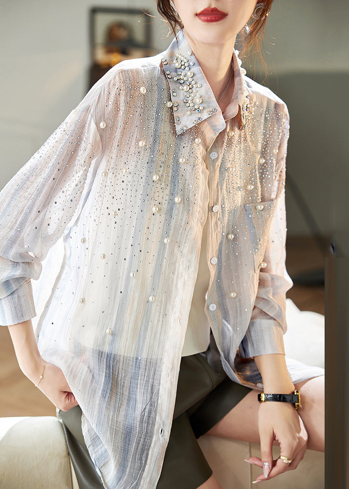 Orange Peter Pan Collar Nail Bead Zircon Chiffon Shirts Fall
