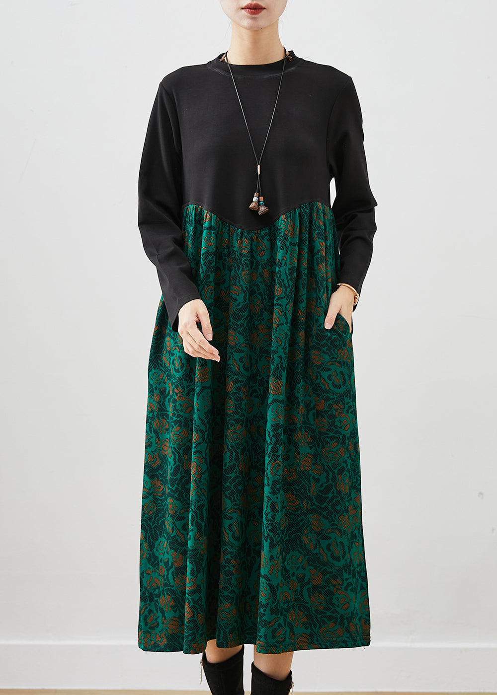 Green Print Patchwork Cotton Maxi Dress Fall
