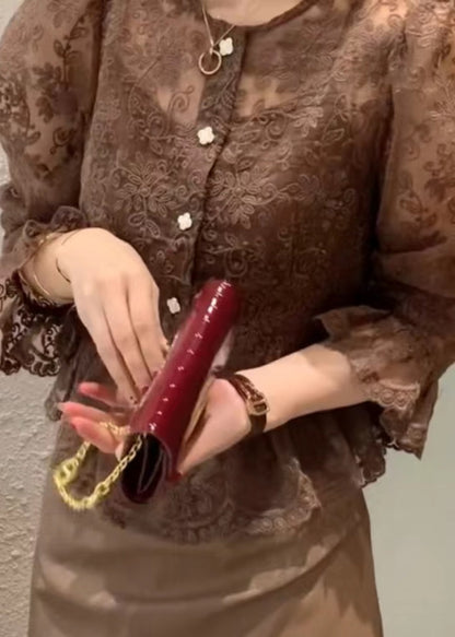 Chocolate Lace Coat Spaghetti Strap Top Sets Two Pieces Ruffled Flare Sleeve