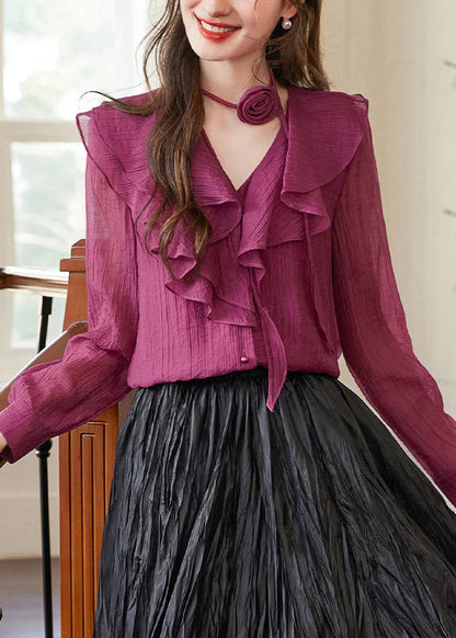 Purple V Neck Ruffled Patchwork Removable Shirts Fall