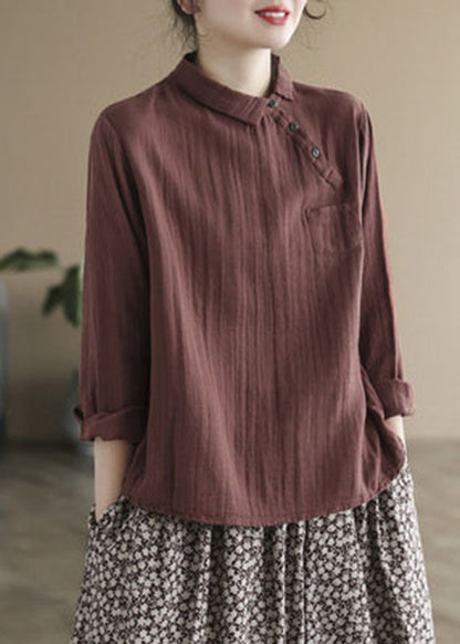 Khaki Button Peter Pan Collar Asymmetrical Design Cotton Tops Long Sleeve