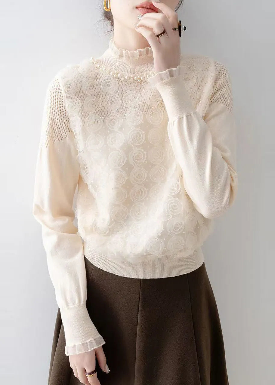 Art Apricot Decorated Nail Bead Knit Blouse Spring