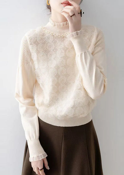 Art Apricot Decorated Nail Bead Knit Blouse Spring
