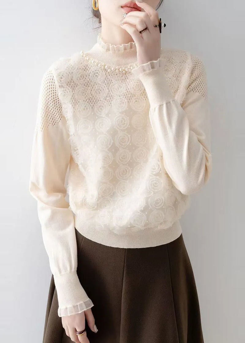 Art Apricot Decorated Nail Bead Knit Blouse Spring
