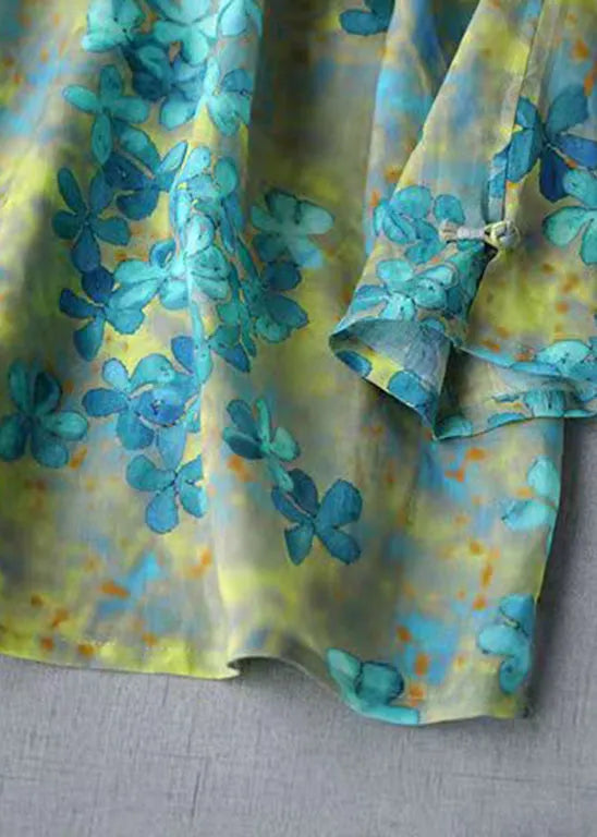 Yellow Linen Shirts Top Button Three Quarter Sleeve