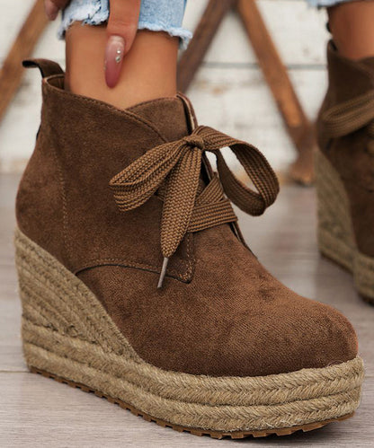 Brown Boots Lace Up Suede Straw Woven Wedge Heels Boots