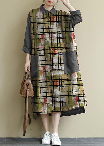 Green Flower Linen Shirt Dress Oversize Spring Maxi Dresses