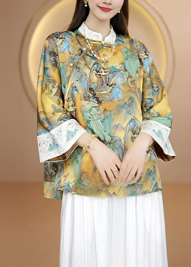 Embroidered Chinese Button Patchwork Silk Shirt Tops Fall