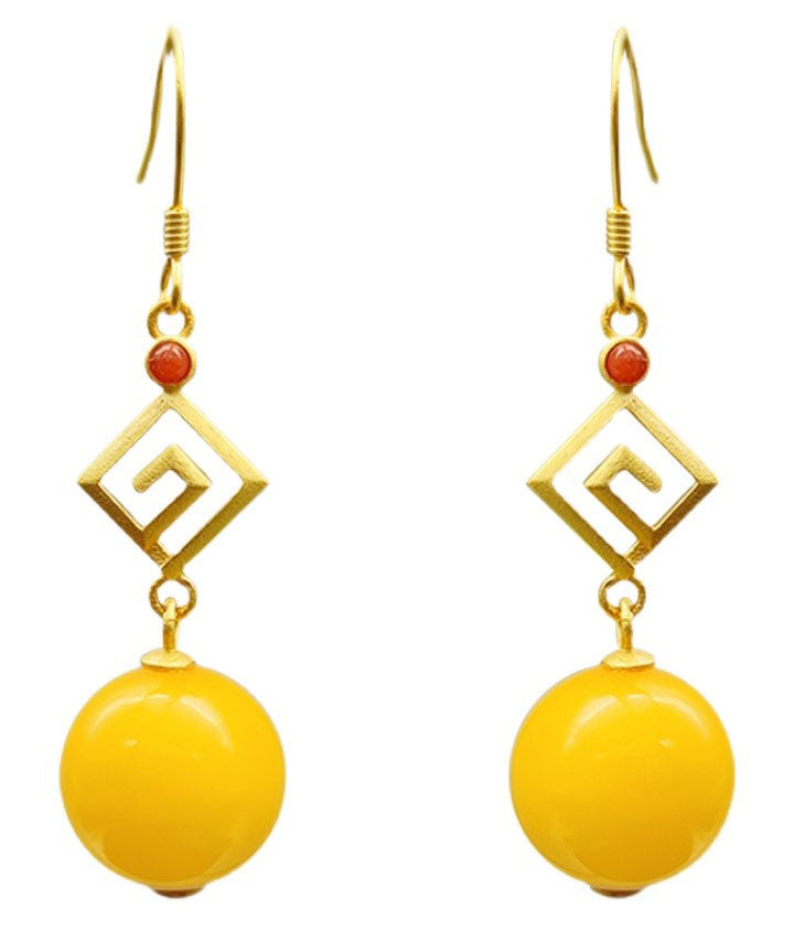 Yellow Sterling Silver Overgild Beeswax Agate Drop Earrings