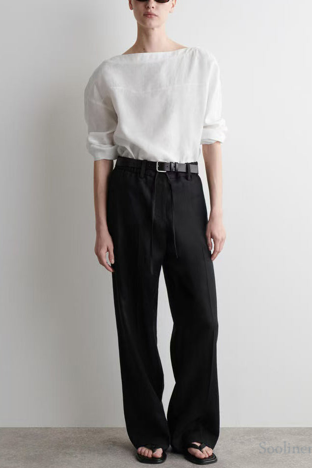White Slash Neck Back Lace Up Linen Shirts Spring