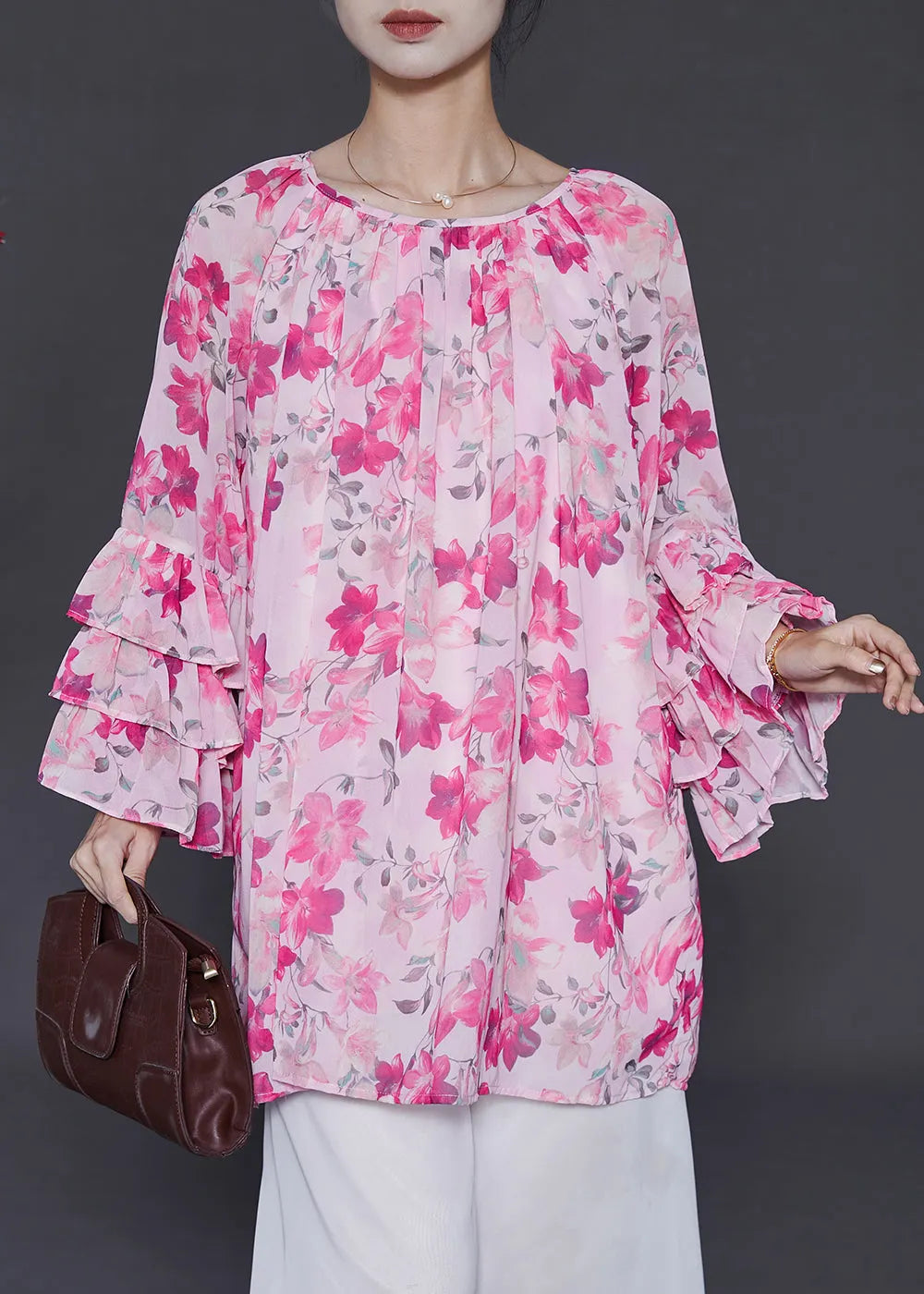 Pink Oversized Print Chiffon Shirt Top Flare Sleeve