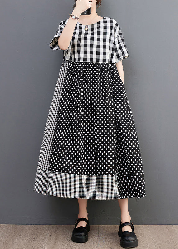 Natural O-neck Plaid Dot Patchwork Maxi Dresses Summer