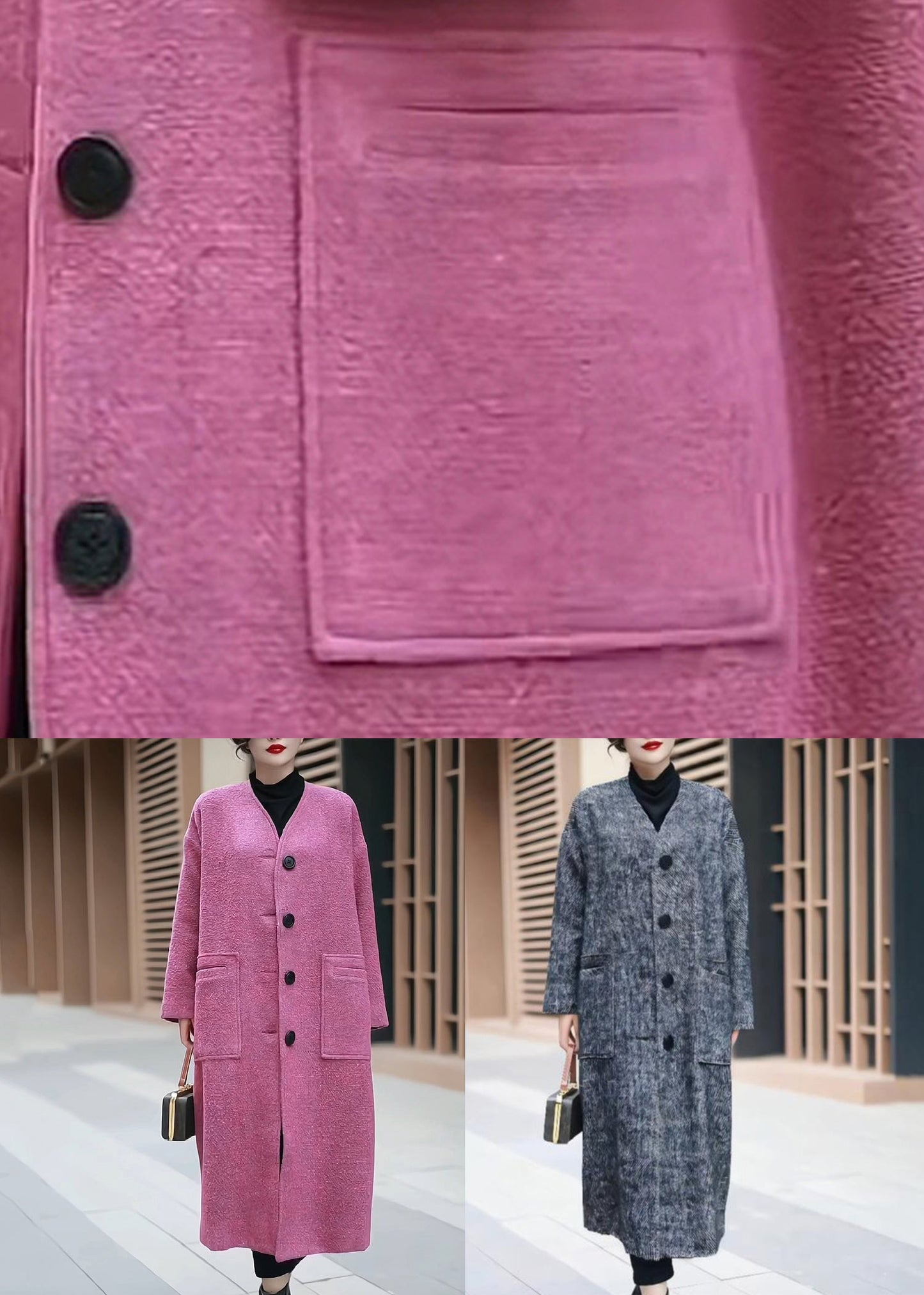 Pink Pockets Back Side Open Woolen Coats Winter
