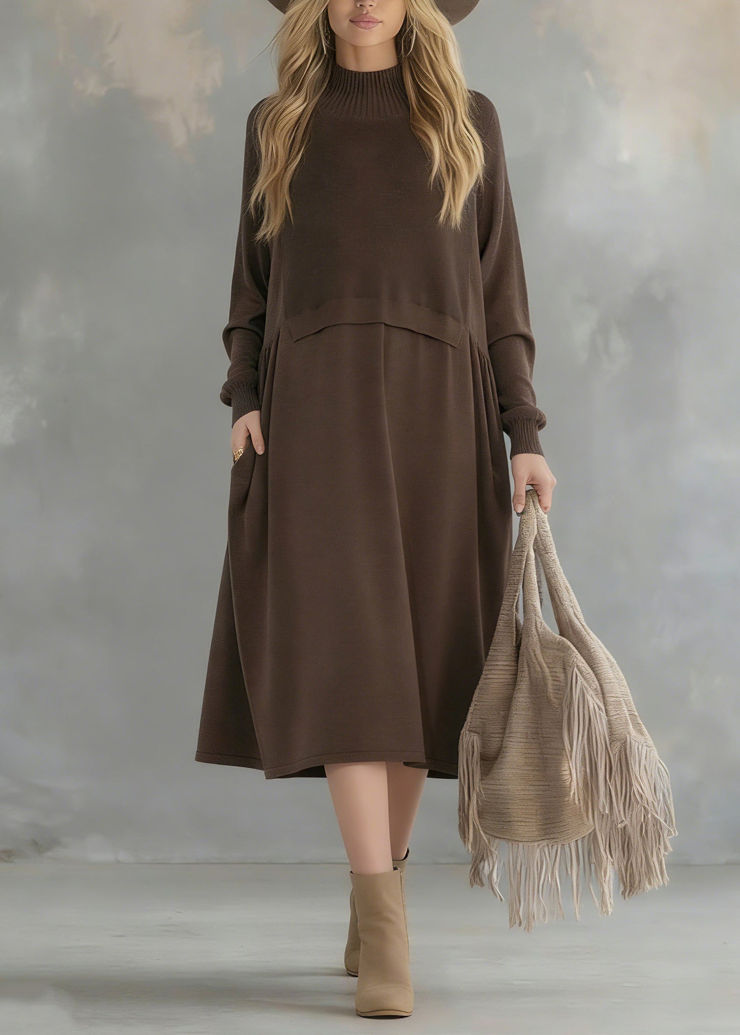 Chocolate Turtle Neck Patchwork Wool Knit Sweater Dress Long Sleeve