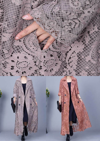 Loose Grey Notched Double Breast Lace Trench Coat Fall