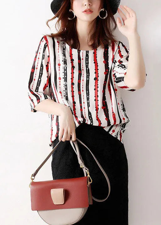 Classy Red O-neck Striped Chiffon Shirt Tops Half Sleeve